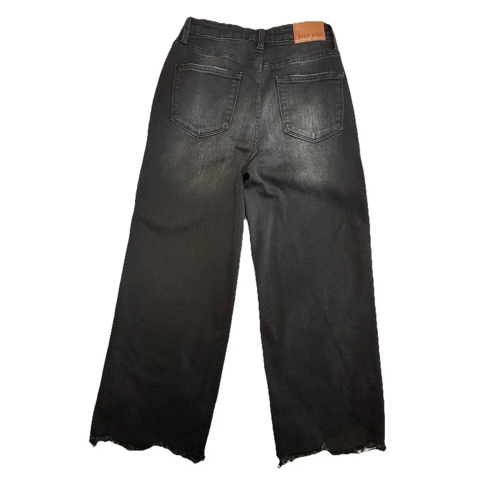 Judy Blue Wide Crop Jeans Womens 7/28 Black High Rise Raw Hem Stretch‎